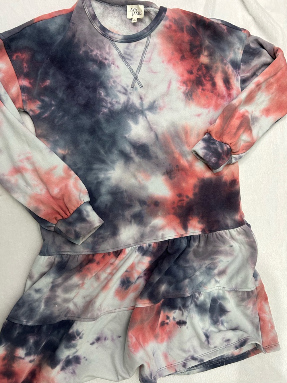 AVA JAMES Coral & Charcoal Tie-Dye Crewneck Dress